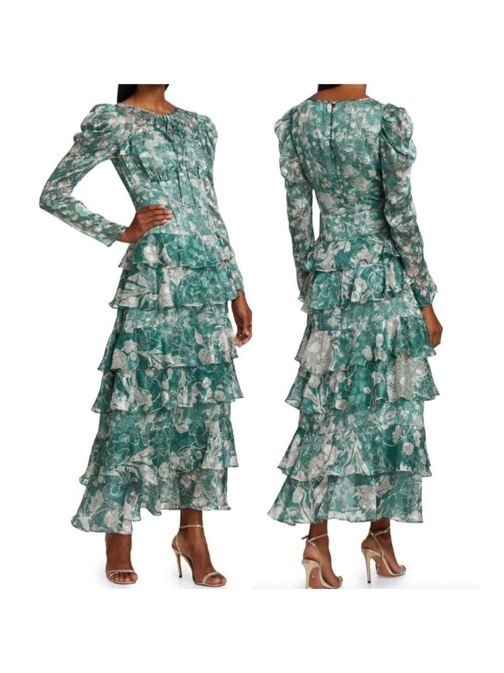 Marchesa Notte  Floral Tiered Ruffled Long Maxi Dress Green Size 12